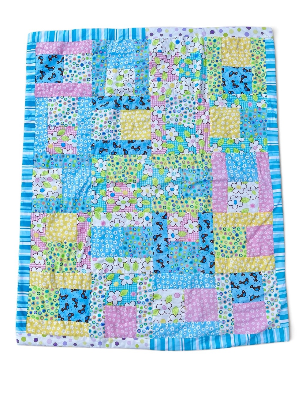 Handmade Patchwork Baby Quilt 32.5” x 40” Blue & Pink